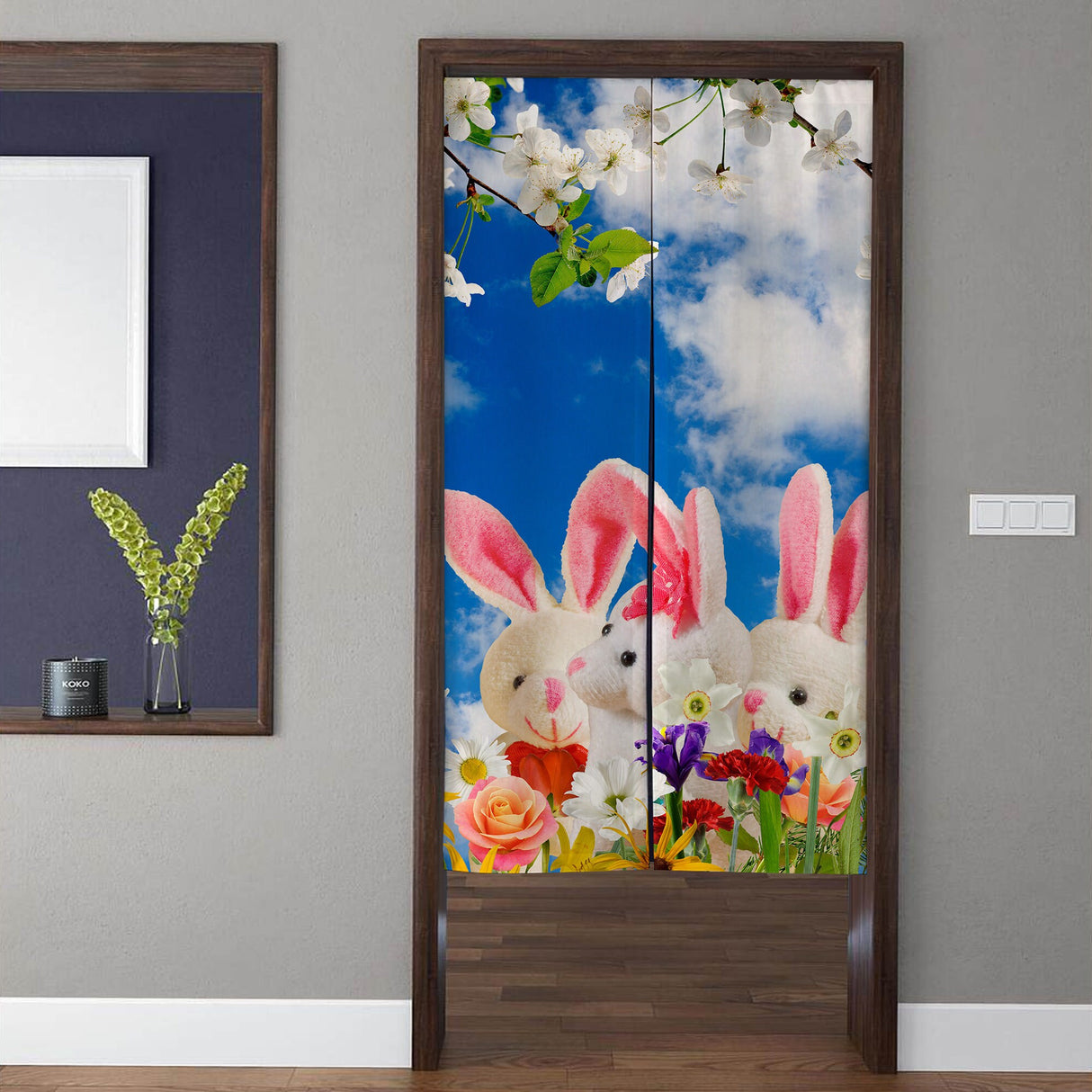 Botanical Noren Door Curtains, Nature Landscape Cherry blossoms cute bunny Doorway Curtain, for Kitchen Partition Bedroom Door Privacy Decor