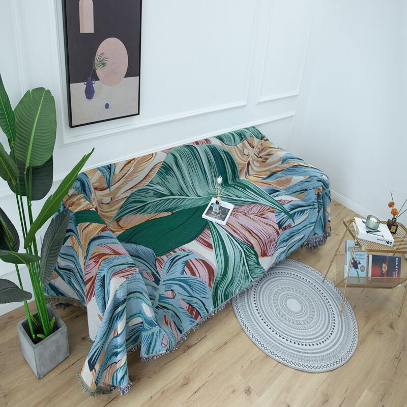 Tropical rain forest green leaves jacquard Woven Blankets, Sofa Blanket, Picnic blanket,Beach blanke,Double-Sided Use,Housewarming gift.