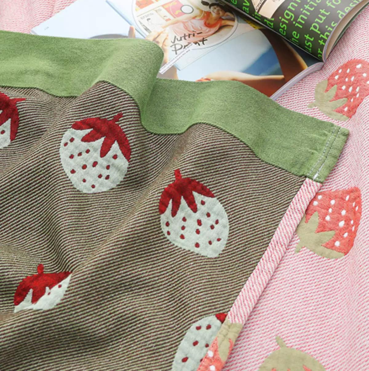 Pink strawberry cotton blanket 100% cotton, Bedcover sofa blanket, 90x98" Children Bedspread nap blanket cotton throw,Gift for Home, Decor