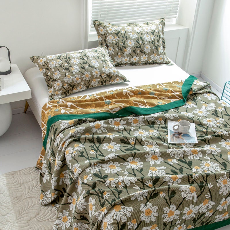 Green daisy cotton twill gauze blanket throw ,Bed cover sofa blanket, Bedspread nap blanket cotton throw,Gift for Home, Decor Home