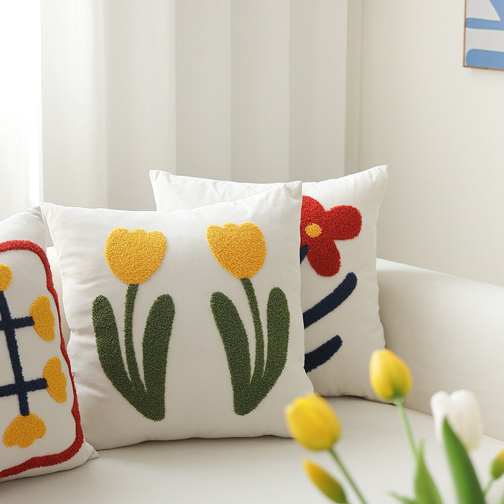 Corduroy Floral Tufted Pillow Cover, Square Sofa Decorative Throw Pillow Cover, Home Decor, Home Gift