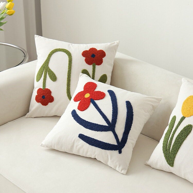Corduroy Floral Tufted Pillow Cover, Square Sofa Decorative Throw Pillow Cover, Home Decor, Home Gift