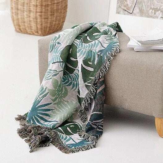 Tropical rain forest green leaves jacquard Woven Blankets, Sofa Blanket, Picnic blanket,Beach blanke,Double-Sided Use,Housewarming gift.