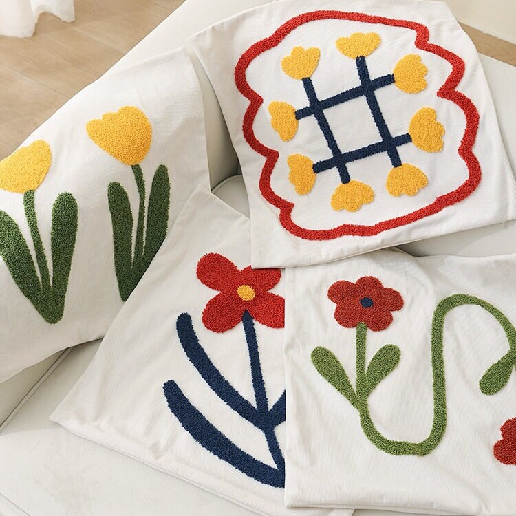 Corduroy Floral Tufted Pillow Cover, Square Sofa Decorative Throw Pillow Cover, Home Decor, Home Gift