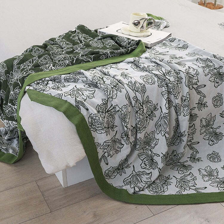 Floral Jacquard Blanket Throw Bed Cover Decor , Cotton Bamboo Bed Throw Blanket, Housewarming gift.
