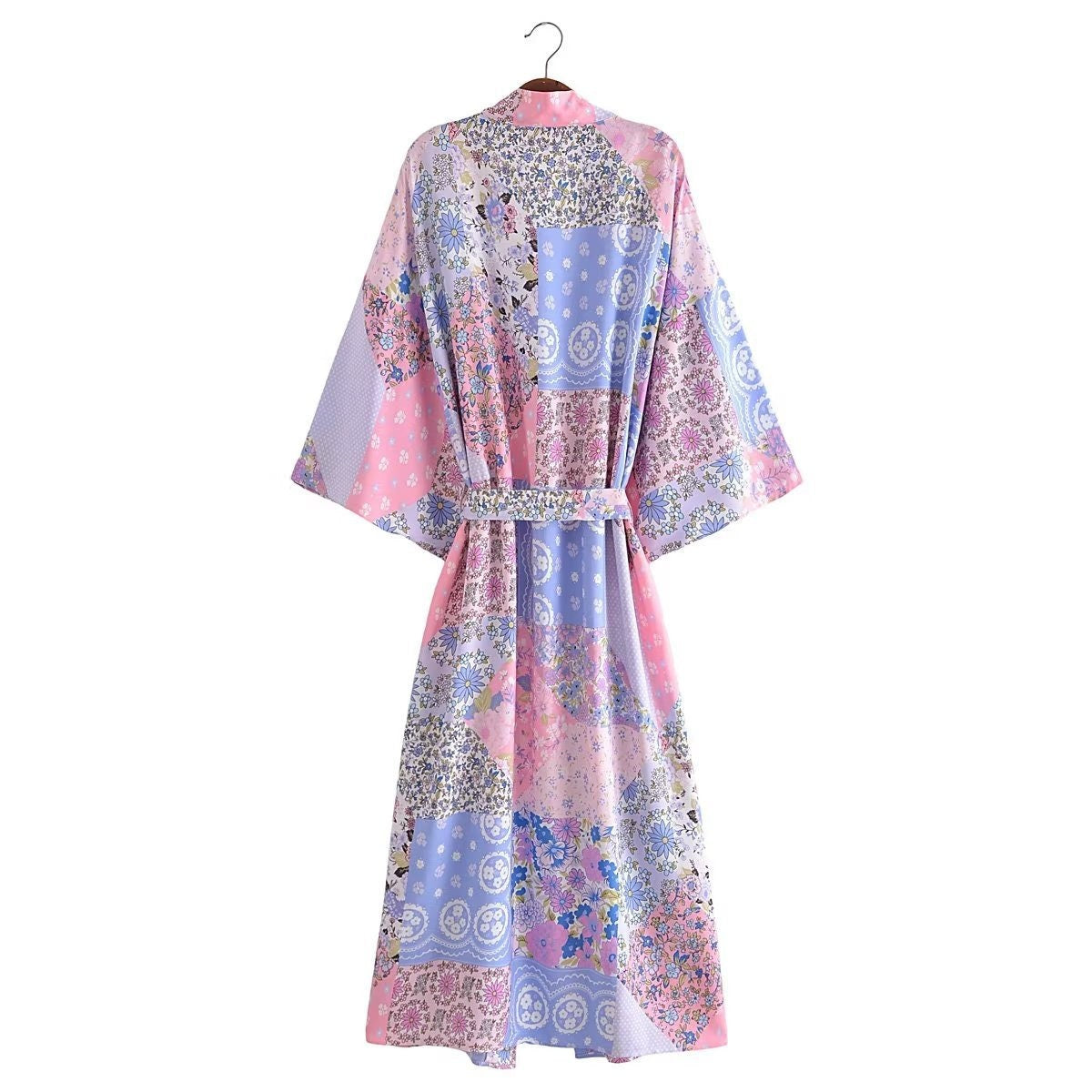 Cotton Kimono Boho Vintage Abstract Flowers Print Sashes Women Bohemian V Neck Batwing Sleeves happy short robe Kimono Jacket,gift for her