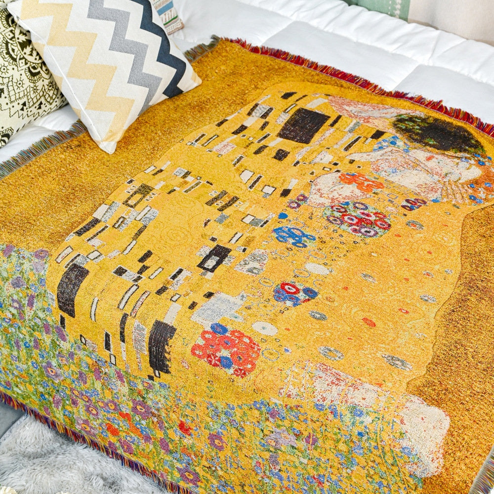 The Kiss Gustav Klimt Throw Blanket, jacquard blanket, Woven Large Size Throw, Sofa Blanket, Picnic blanket,Beach blanke,Housewarming gift.