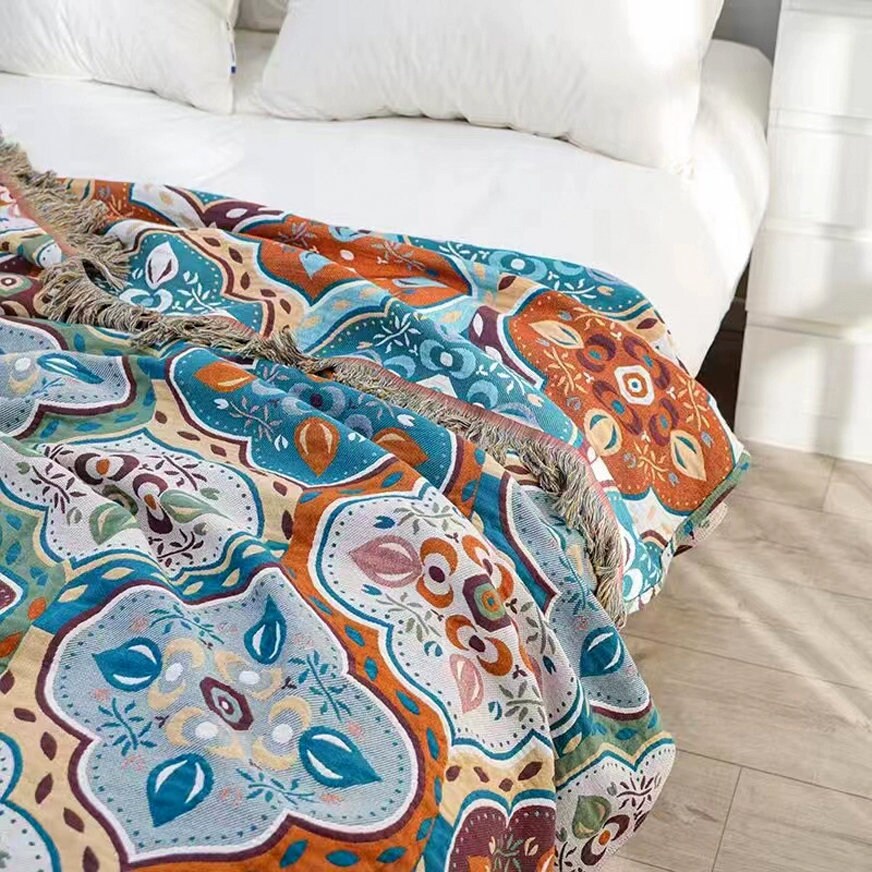 Bohemia Cotton Throw Bed Cover 100% cotton Muslin Woven Sofa Throw Home Decor, 59x79"Tassel Bed Throw Blanket, Housewarming gift.