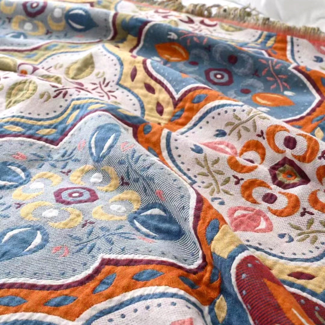 Bohemia Cotton Throw Bed Cover 100% cotton Muslin Woven Sofa Throw Home Decor, 59x79"Tassel Bed Throw Blanket, Housewarming gift.
