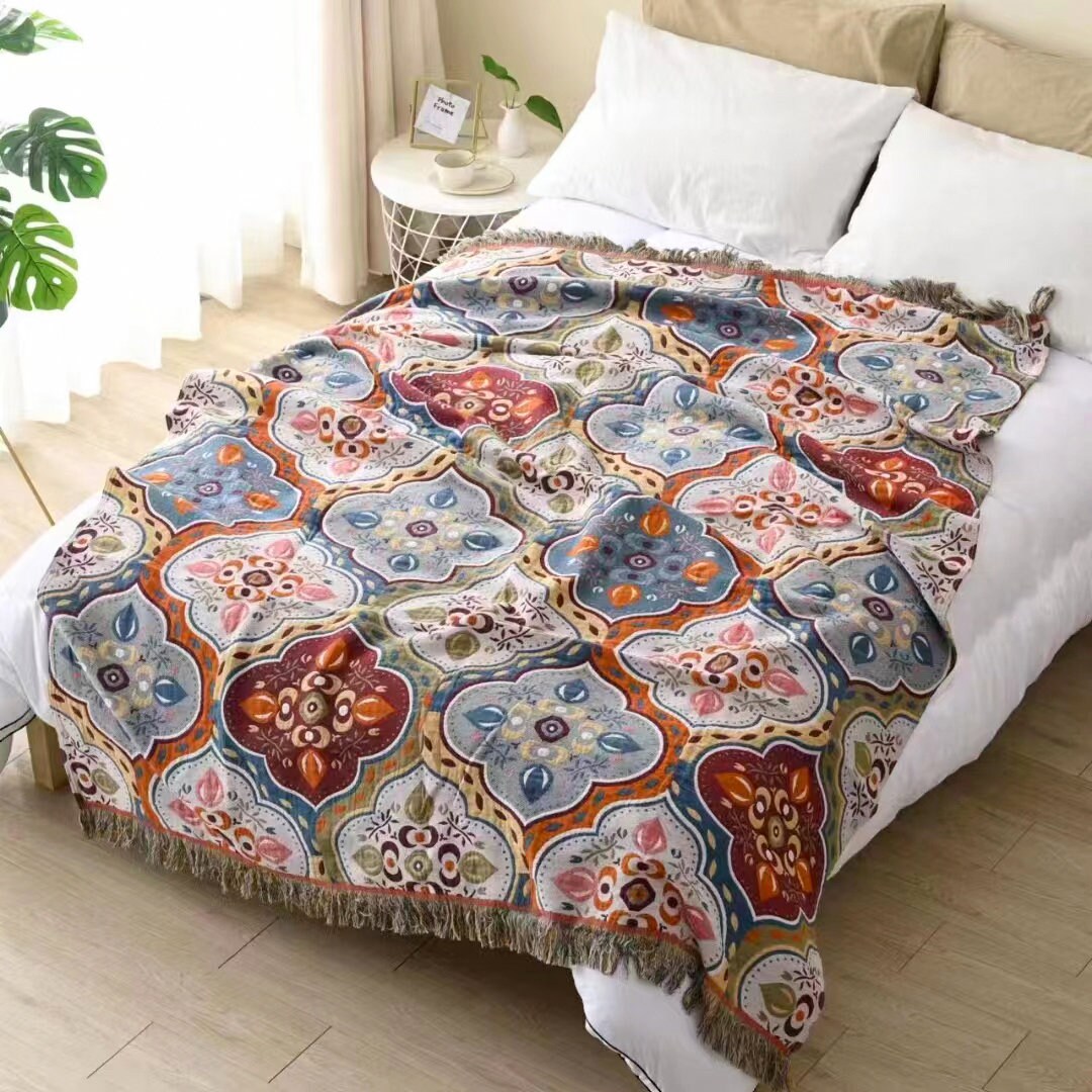 Bohemia Cotton Throw Bed Cover 100% cotton Muslin Woven Sofa Throw Home Decor, 59x79"Tassel Bed Throw Blanket, Housewarming gift.