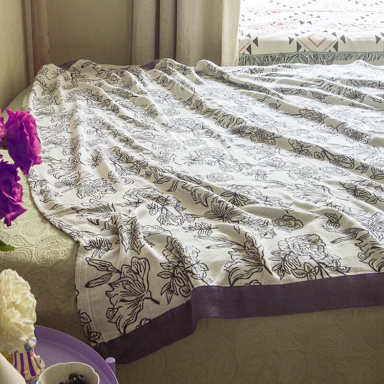 Floral Jacquard Blanket Throw Bed Cover Decor , Cotton Bamboo Bed Throw Blanket, Housewarming gift.
