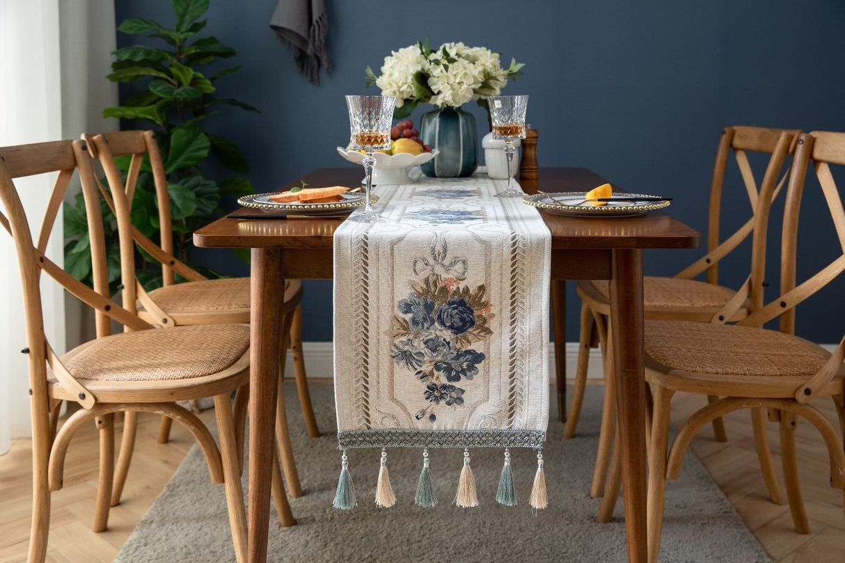 Stylish Jacquard Flowers Designed Table Runner ,Tassel Table Runner, Modern table setting, Housewarming gift
