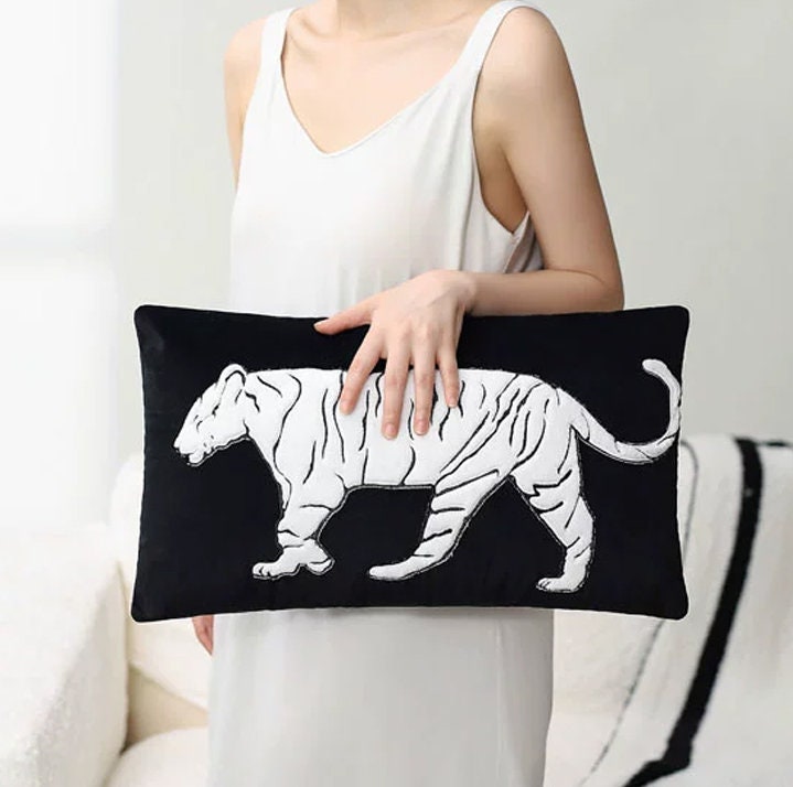 Luxury Velour white tiger embroidery Appliqué Textured Pillow Cover,Embroidery Pillow Covers, Decorative Pillows, Housewarming gift