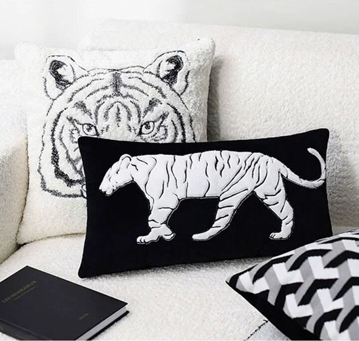 Luxury Velour white tiger embroidery Appliqué Textured Pillow Cover,Embroidery Pillow Covers, Decorative Pillows, Housewarming gift