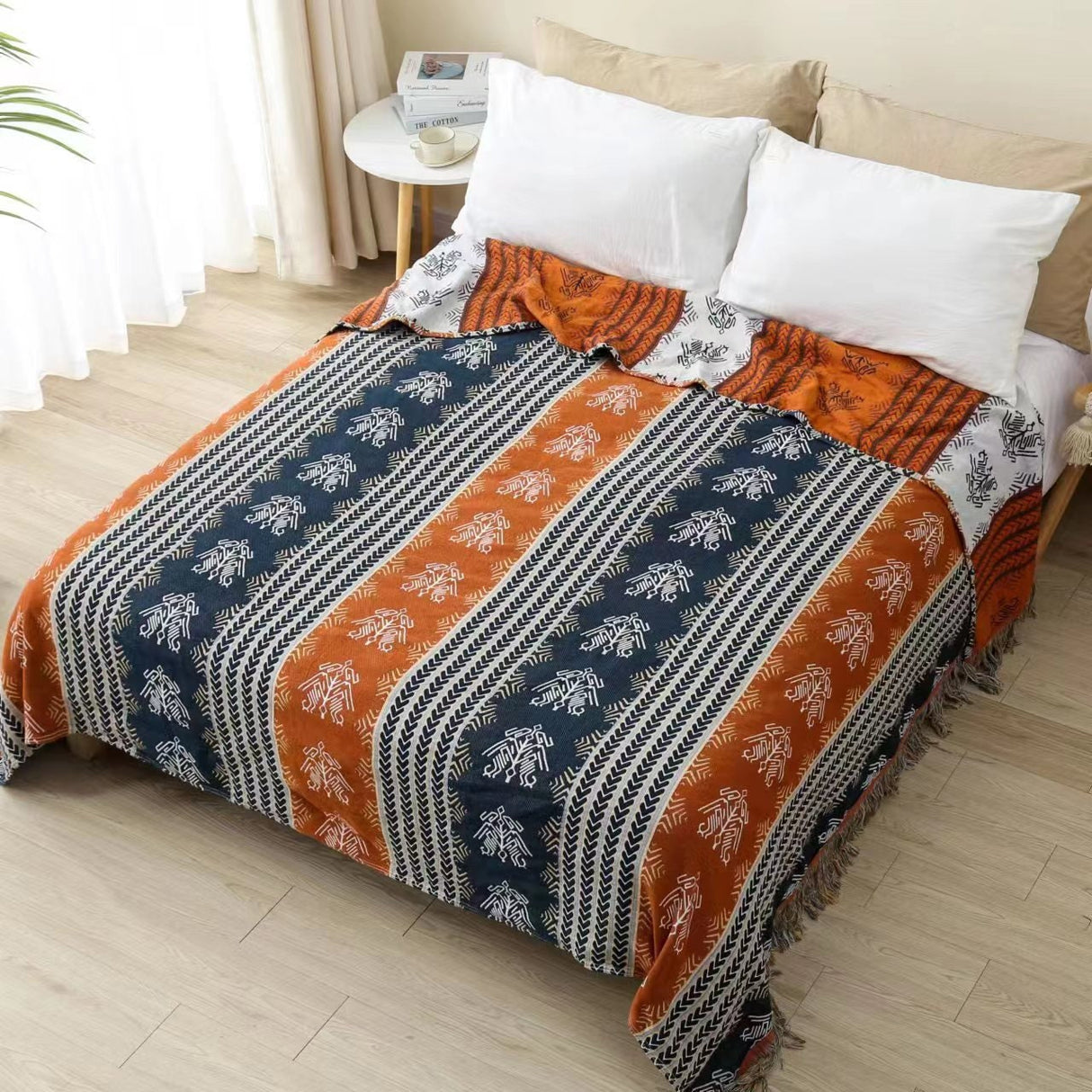 Boho Cotton Blanket 100% Cotton Bedcover Sofa Blanket,Throw with Tassels Bed Woven Cotton Blanket,Home Decor