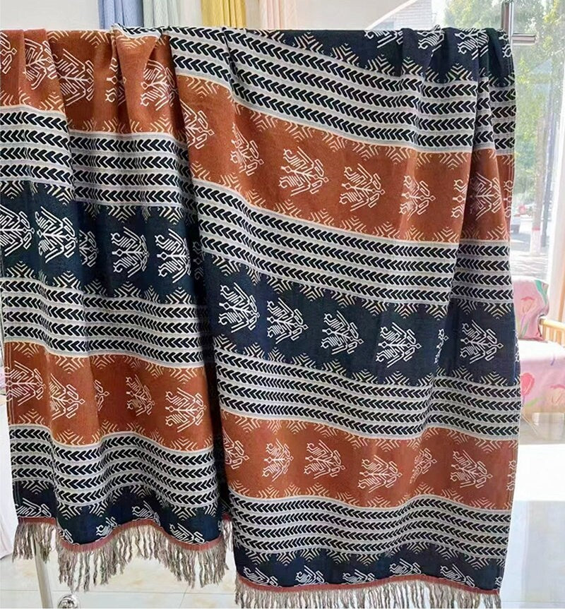 Boho Cotton Blanket 100% Cotton Bedcover Sofa Blanket,Throw with Tassels Bed Woven Cotton Blanket,Home Decor