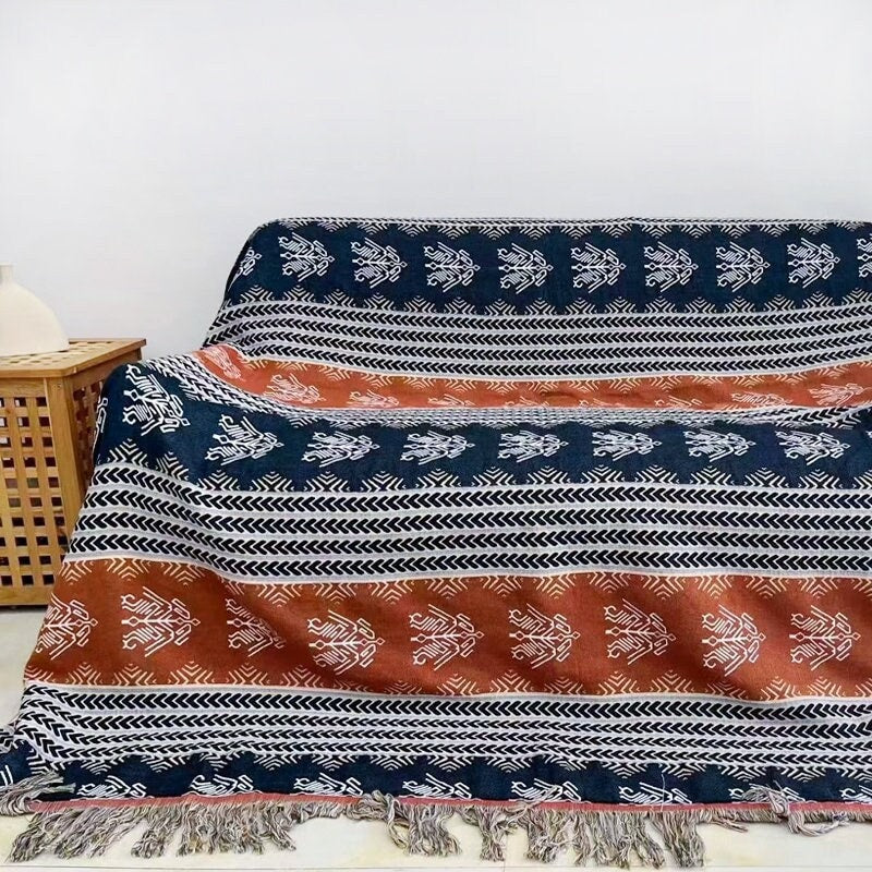 Boho Cotton Blanket 100% Cotton Bedcover Sofa Blanket,Throw with Tassels Bed Woven Cotton Blanket,Home Decor