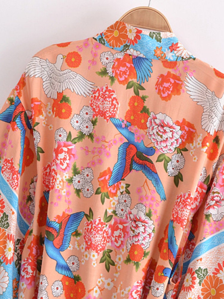 Cotton Kimono Boho Vintage Fly Bird Print Sashes Women Bohemian V Neck Batwing Sleeves happy short robe Kimono Jacket,gift for her