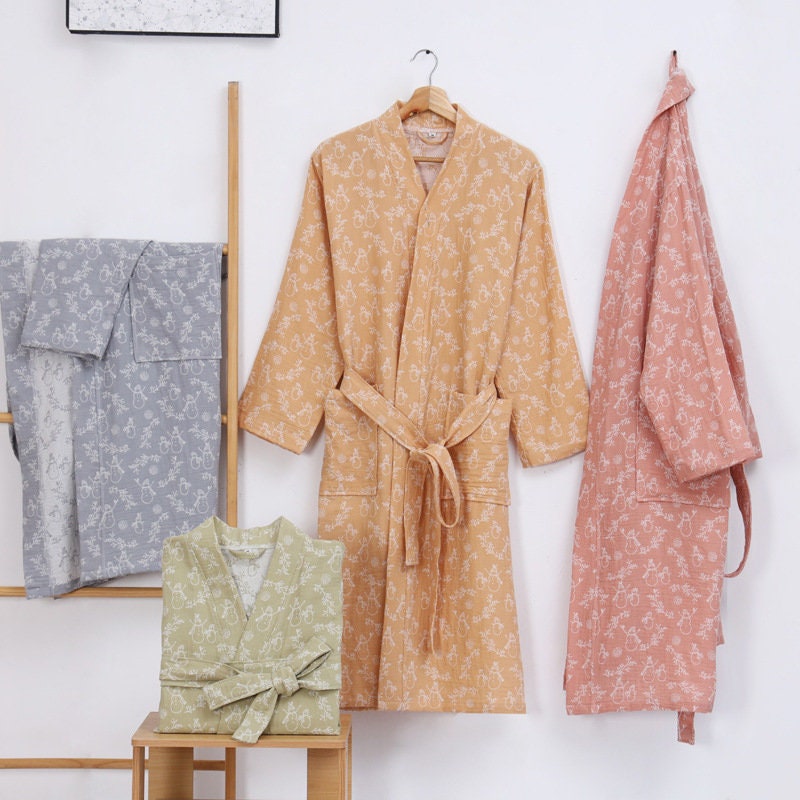 Double Layer Cotton Bathrobe Cotton Kimono Nightwear Couple Robe, Bathrobe for birthday gift & anniversary gift,Housewarming gift.