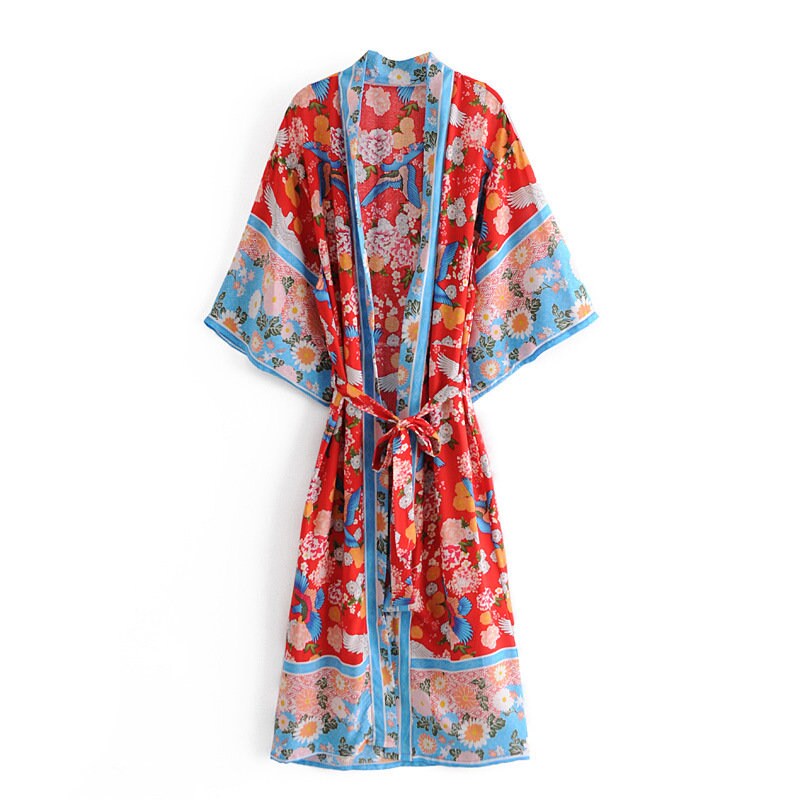 Cotton Kimono Boho Vintage Fly Bird Print Sashes Women Bohemian V Neck Batwing Sleeves happy short robe Kimono Jacket,gift for her