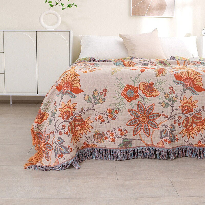 100% cotton Muslin Sofa Throw Decor, Cotton Throw Bed Cover Double-sided Bed Throw Blanket, Housewarming gift.