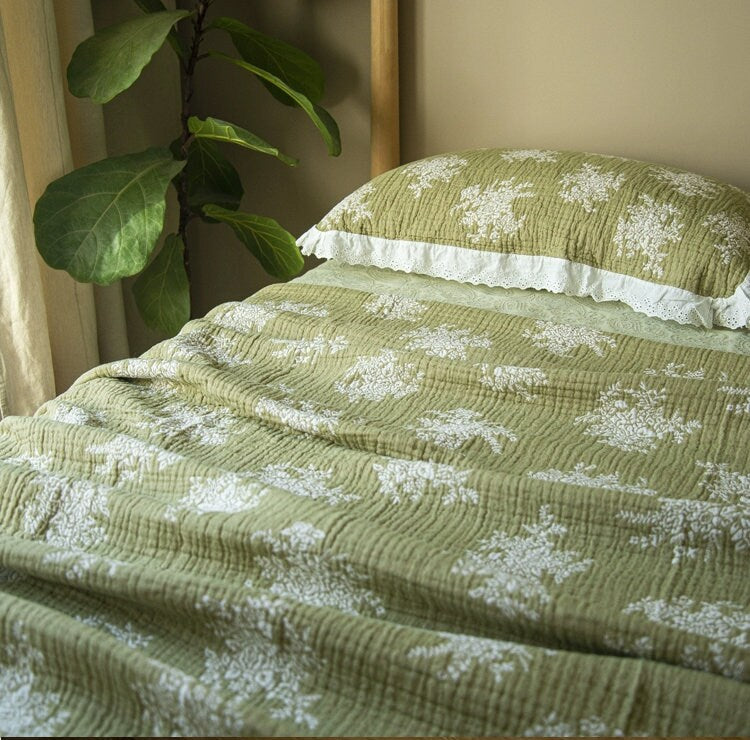 Cotton Ruffled Throw Bed Cover 100% cotton Muslin Sofa Throw Decor, Double-sided Bed Throw Blanket, 200x230cm/79x90",Housewarming gift.