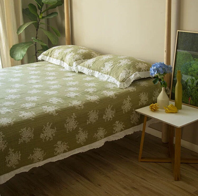 Cotton Ruffled Throw Bed Cover 100% cotton Muslin Sofa Throw Decor, Double-sided Bed Throw Blanket, 200x230cm/79x90",Housewarming gift.