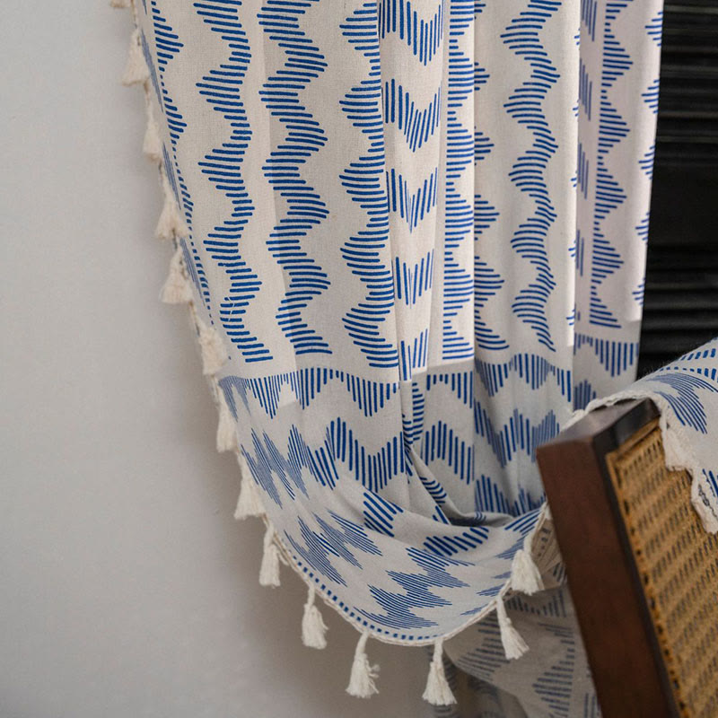 Blue Ripple Tassel Light Filtering Curtain