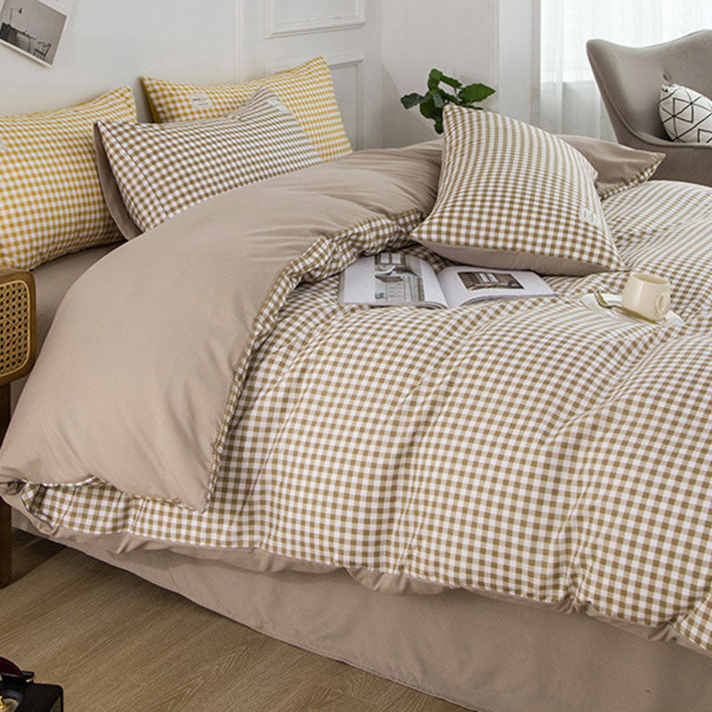 Beige Plaid Quilt Cover Bedsheet & 2*Pillowcases (4PCS)