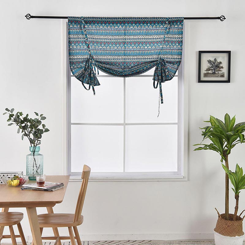 Blue Pattern Tier Curtain with Fixed Rope
