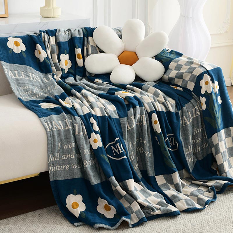 "FALL IN LOVE" Flower Plaid Reversible Quilt