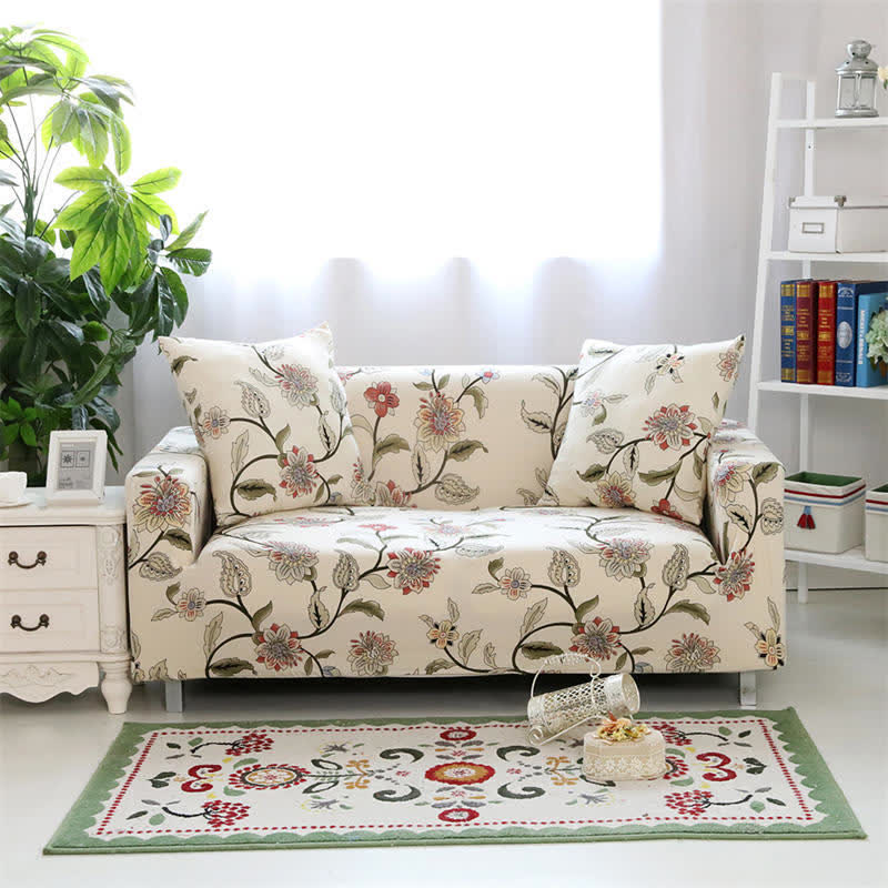 Beige Flower Elastic Stretchable Sofa Cover
