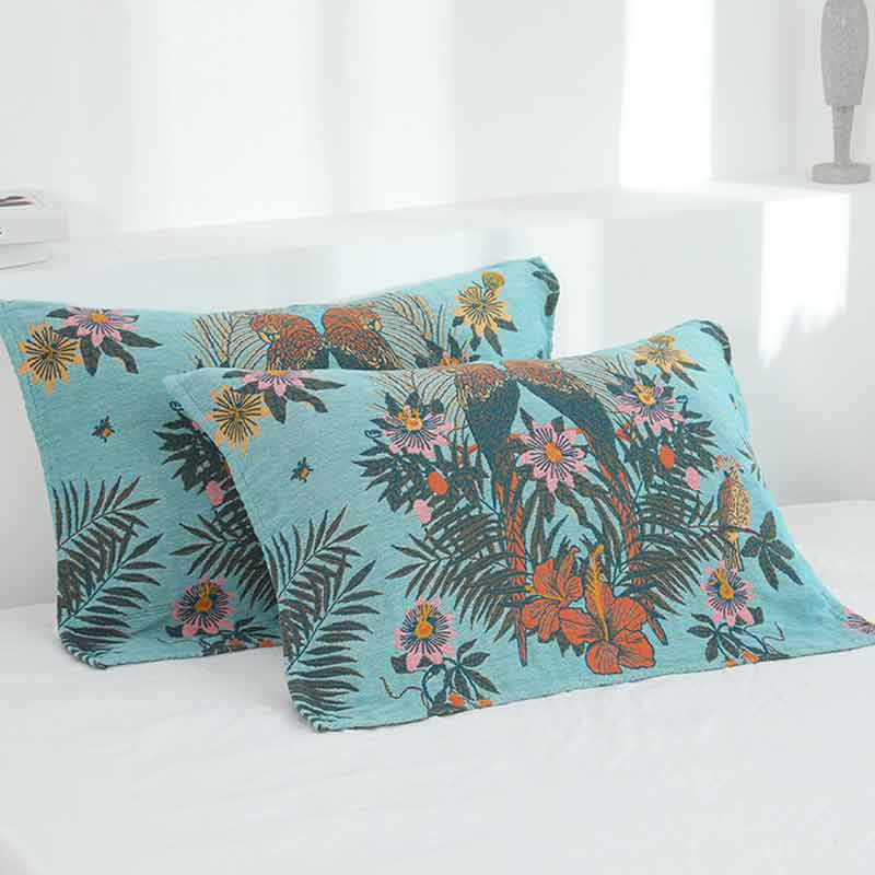 Bird Flower Gauze Green Pillow Towel (2PCS)