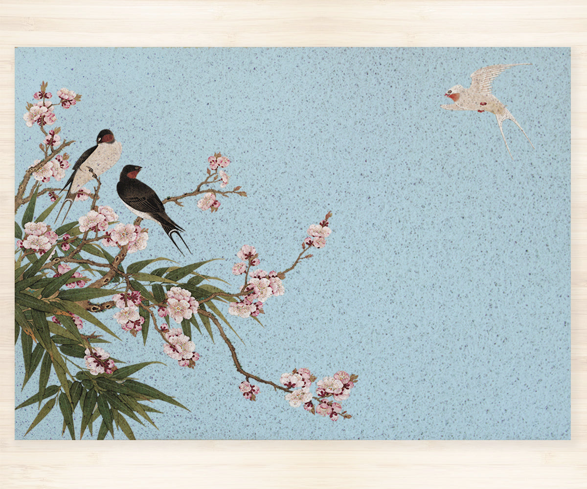 Birds and Flowers in Blue Background PVC Entrance Mat