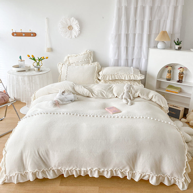 Thicken White Poly Milk Cashmere Flannel Duvet Cover Bedding Set