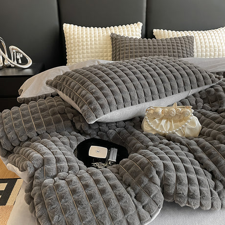 Solid Color Poly Rabbit Wool Flannel Puffy Duvet Cover Bedding Set