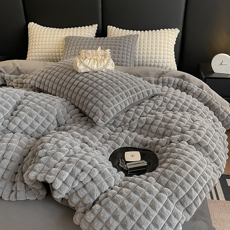 Solid Color Poly Rabbit Wool Flannel Puffy Duvet Cover Bedding Set
