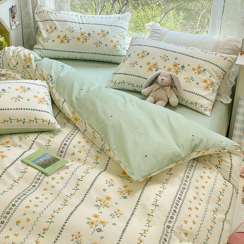 Orange Flower Green Leaves Stripe Bedding Set Washable 60s Cotton Duvet Cover Bedding Set