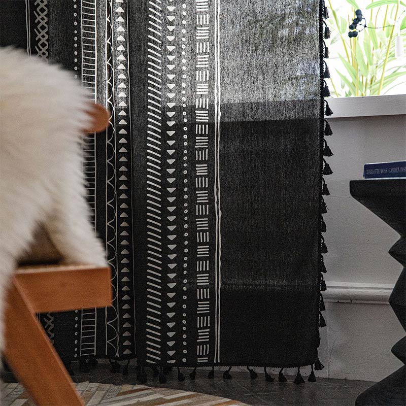 Black Tassel Geometric Cotton Linen Curtain
