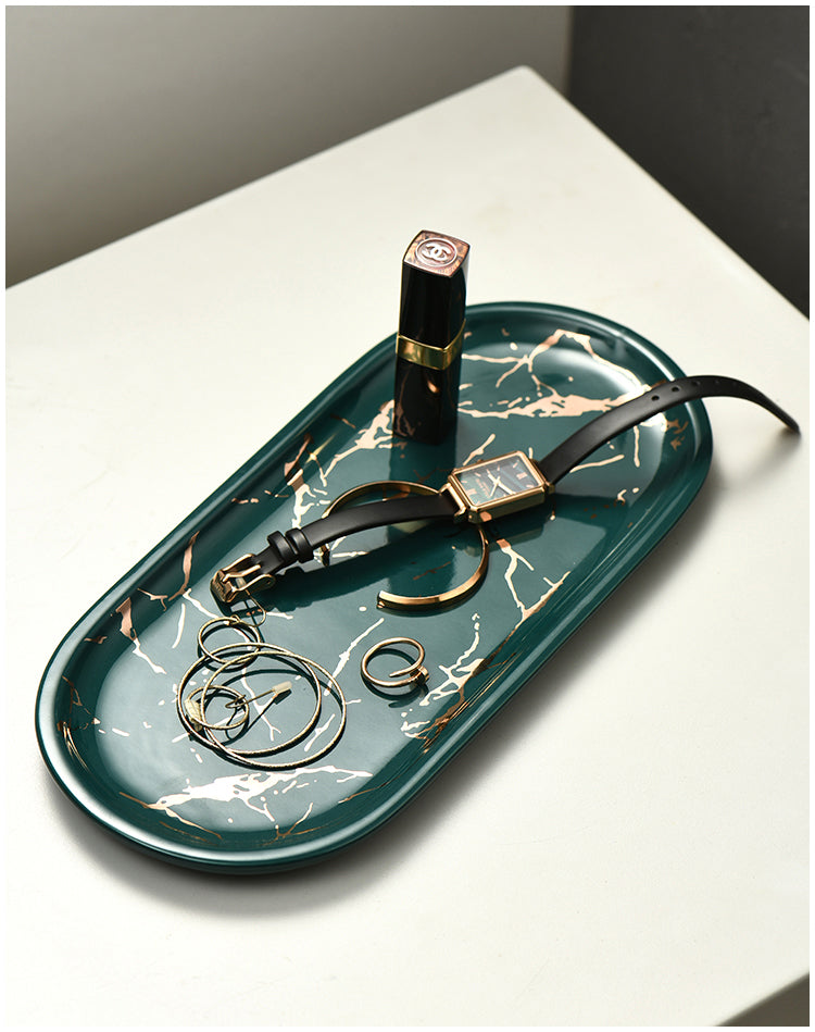 Nordic Style Light Luxury Gold Thread Marbled Ceramic Oval Green/White/Black Storage Tray, Service Plate, Jewelry Tray, Decoration Tray