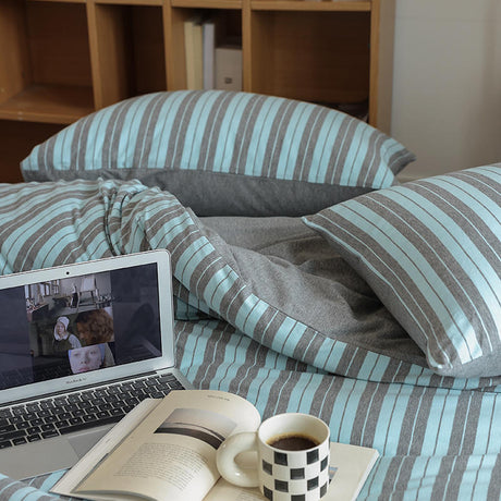 Green/Blue/Orange/Pink/Grey Yarn-Dyed Stripe Knit Fabric Duvet Cover Bedding Set Cotton Bedding Set