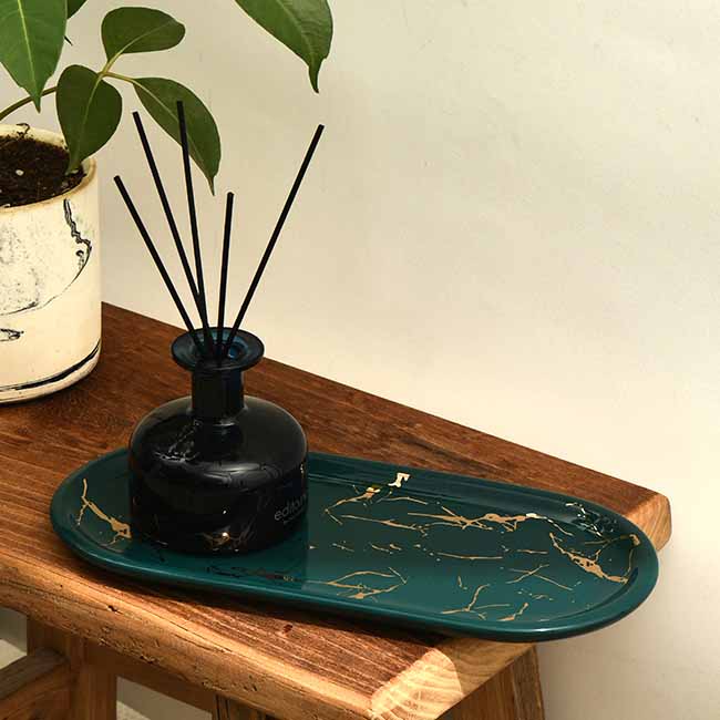 Nordic Style Light Luxury Gold Thread Marbled Ceramic Oval Green/White/Black Storage Tray, Service Plate, Jewelry Tray, Decoration Tray