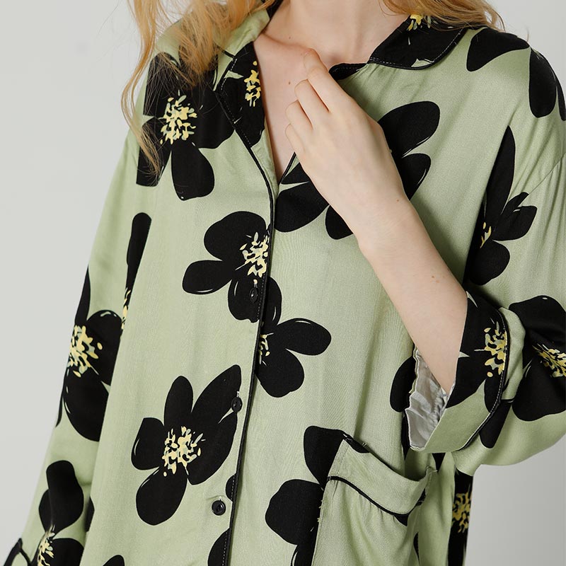 Black Flower Satin Pajama Set Loungewear