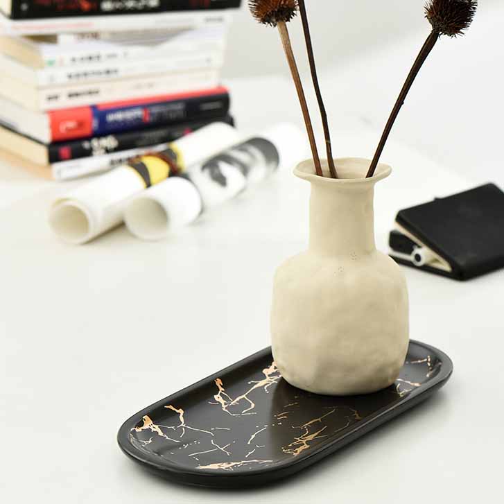 Nordic Style Light Luxury Gold Thread Marbled Ceramic Oval Green/White/Black Storage Tray, Service Plate, Jewelry Tray, Decoration Tray