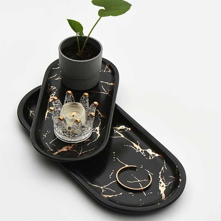 Nordic Style Light Luxury Gold Thread Marbled Ceramic Oval Green/White/Black Storage Tray, Service Plate, Jewelry Tray, Decoration Tray
