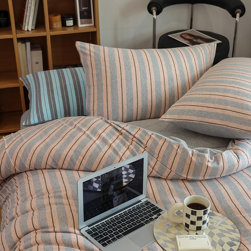 Green/Blue/Orange/Pink/Grey Yarn-Dyed Stripe Knit Fabric Duvet Cover Bedding Set Cotton Bedding Set