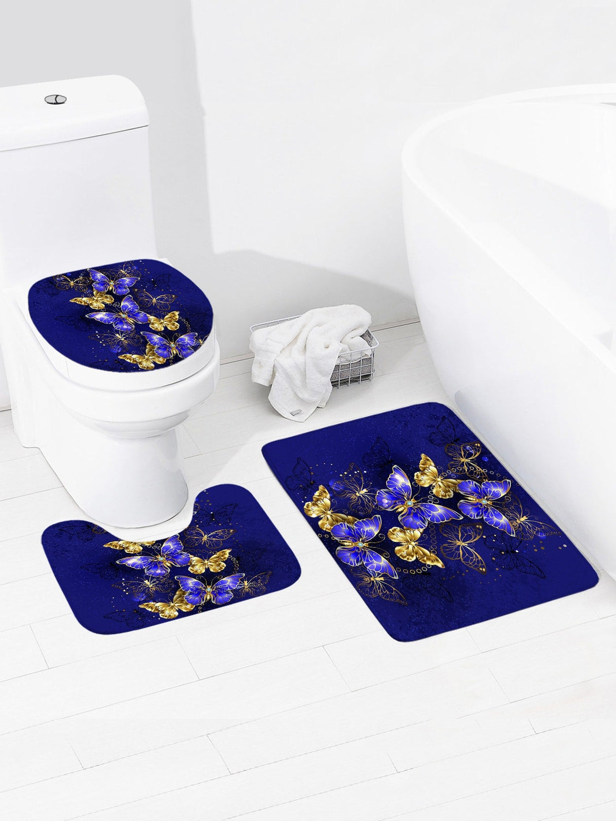 4 pc Butterfly Print Bath Rug and 1pc Shower Curtain