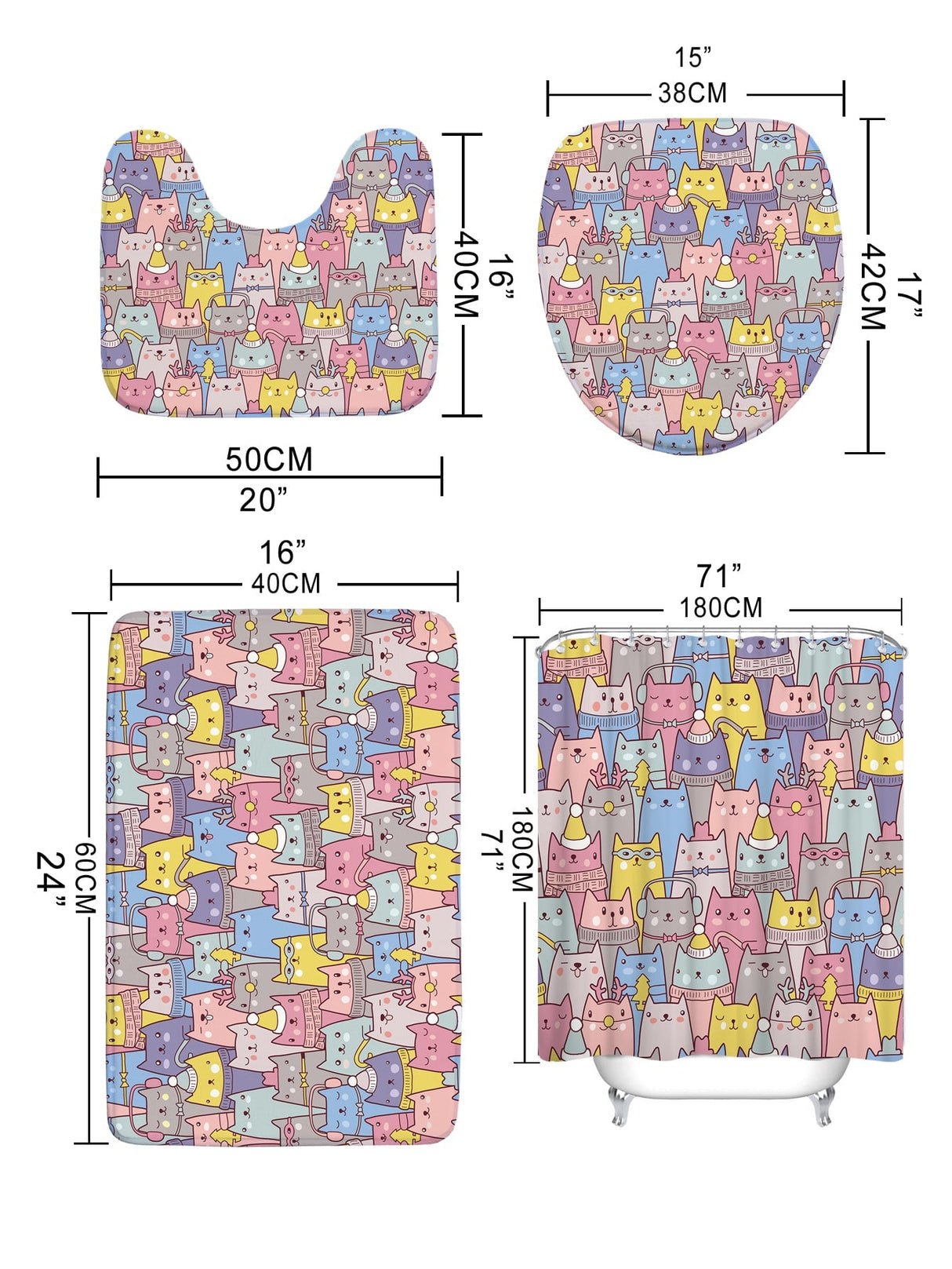 4pc Cat Print Bath Rug And Shower Curtain