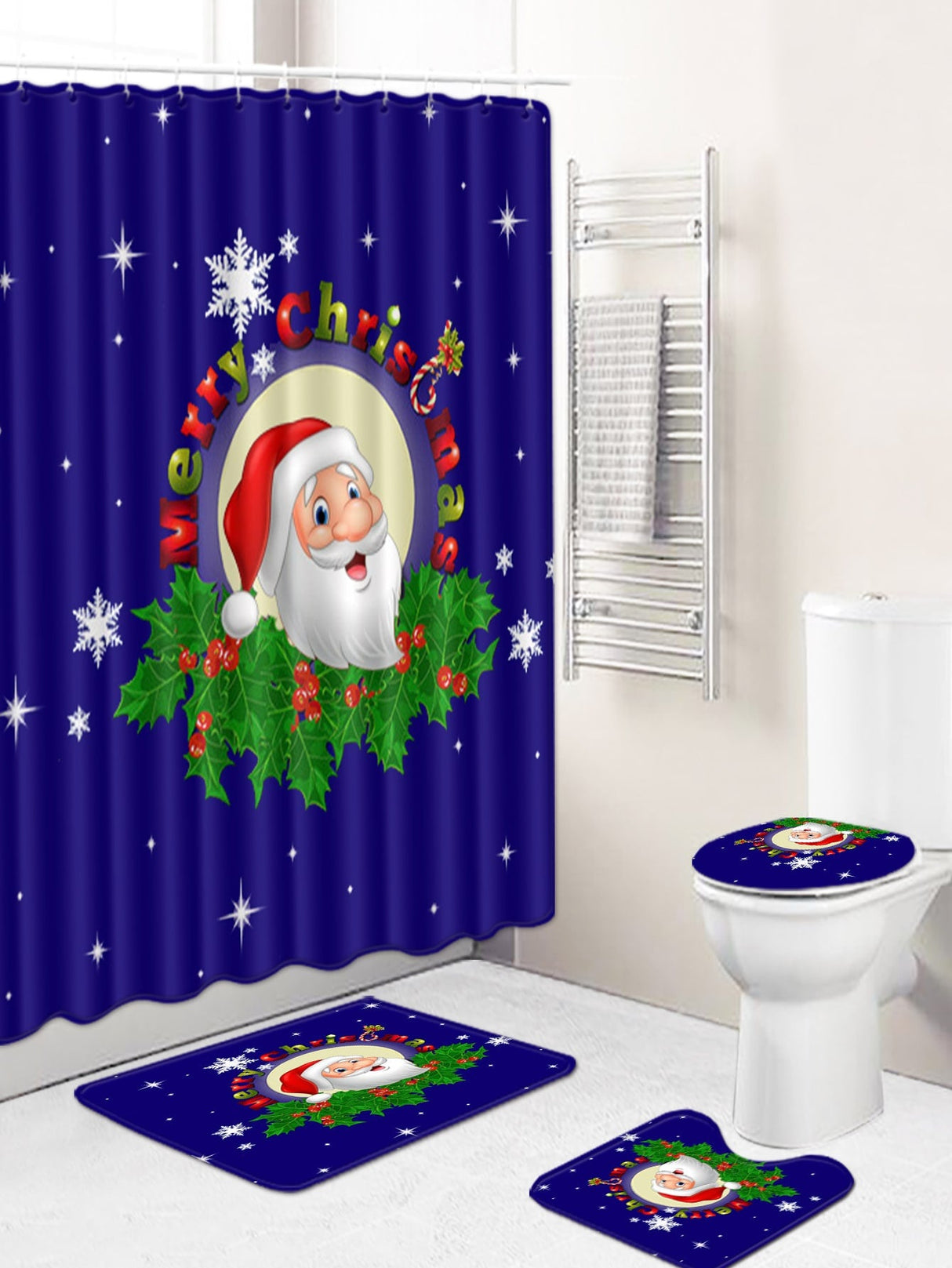 4pc Christmas Santa Claus Pattern Bath Rug And Shower Curtain