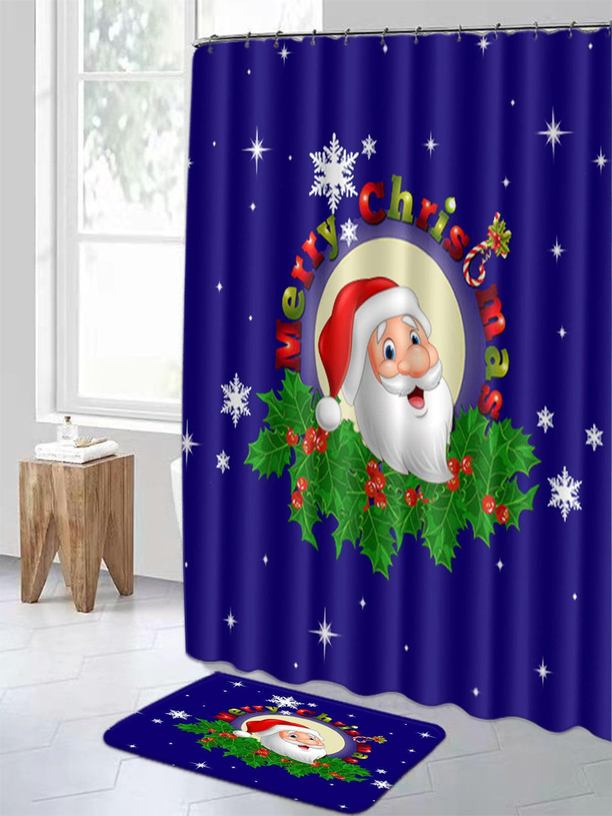 4pc Christmas Santa Claus Pattern Bath Rug And Shower Curtain